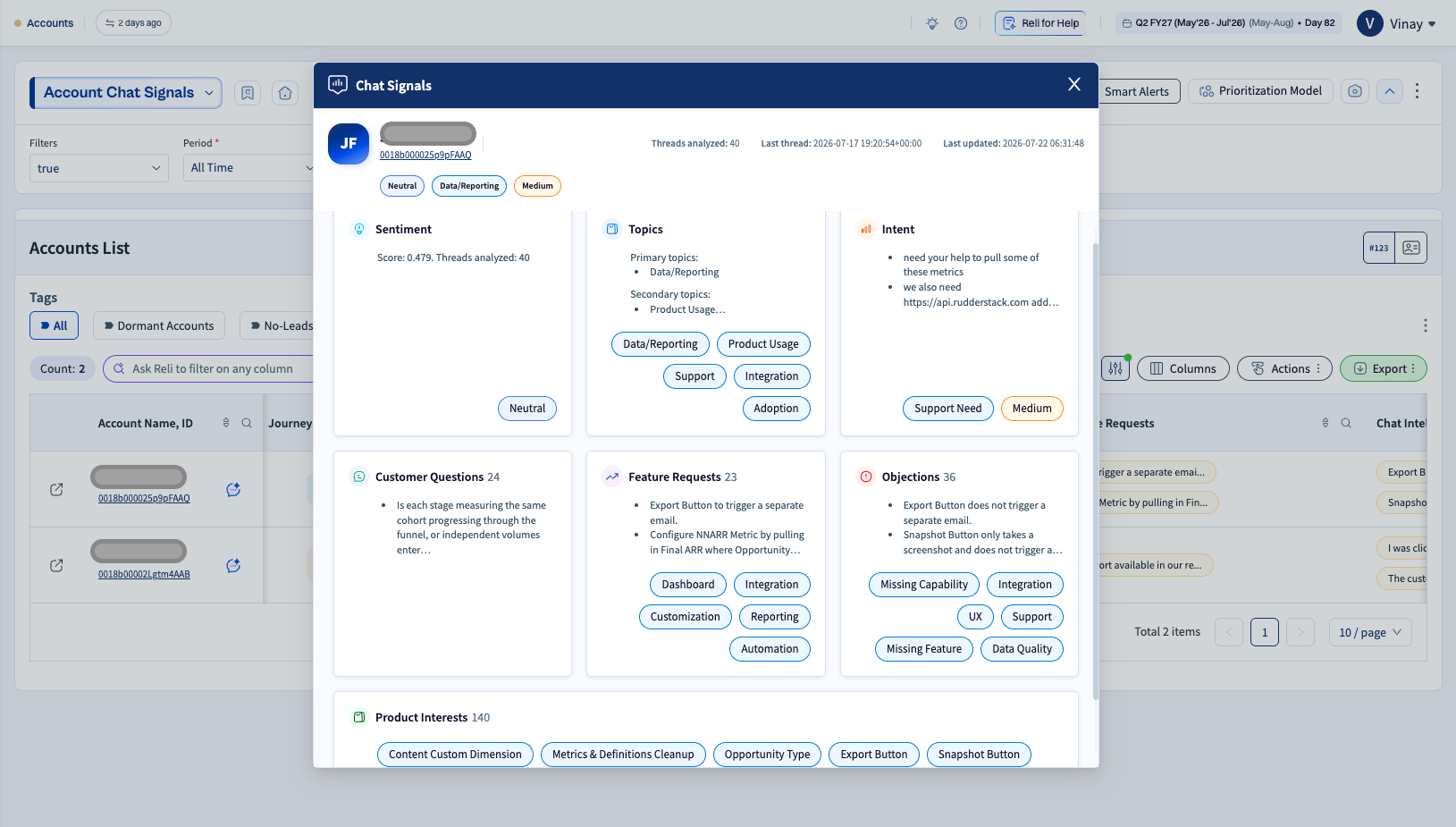 Overview of account chat signals, including sentiment, topics, and feature requests.